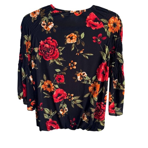 Ember Womens Floral Boho Ruched Bell Sleeves Elastic Hem Flowy Shirt Blouse M - Picture 5 of 11